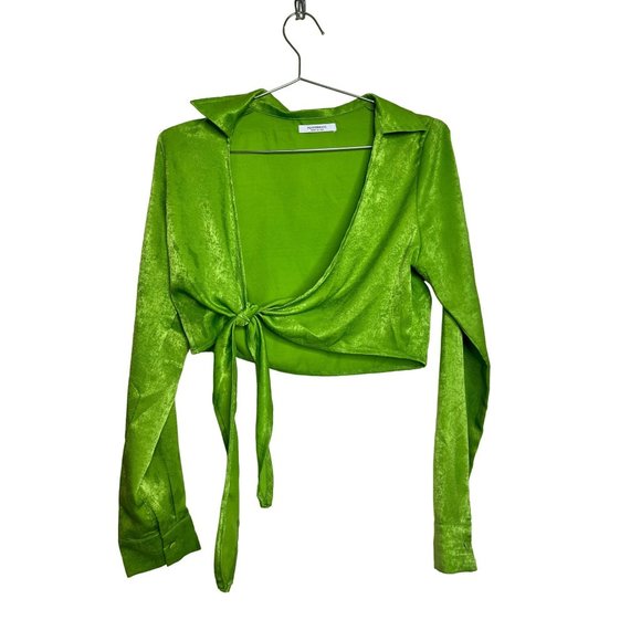 Peppermayo Shirt Womens 4 Green Velour Long Sleeve Tie Front Collared Casual Cro - Picture 3 of 6